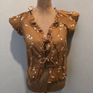 Together Rust Brown Floral Tie-Front Ruffle Crop Blouse